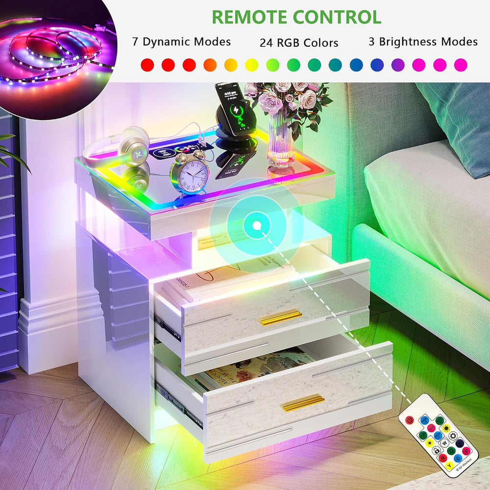 HNEBC Night Stand Set 2 with Wireless Charging Station& Remote Lights,Whi...