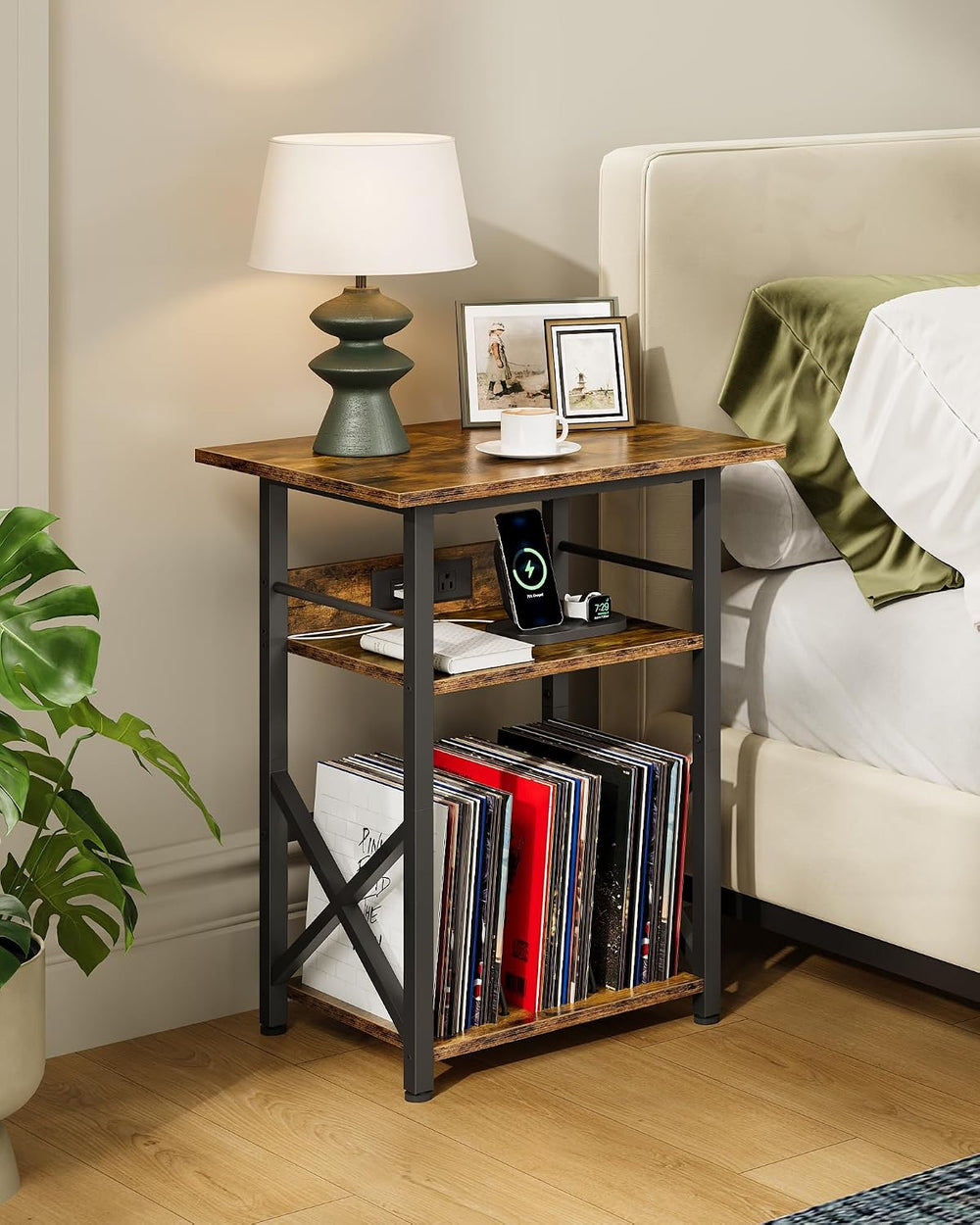 CHOEZON Record Player Stand with Power Outlet, Vinyl Record Storage Side Tabl...