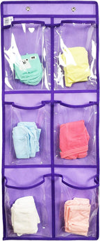 Over The Door Hanging Shoe Organizer Narrow Closet Door Shoe Storage 6 Large Clear Pockets Chart 2 Pack (PURPLE)