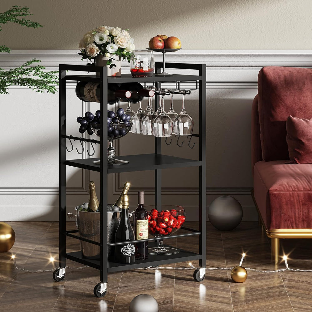 TUTOTAK Bar Cart with Wheels, Mini Drink Cart with Wine Rack & Glass Hold...