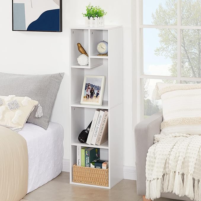 VECELO 4-Tier Bookcase, Modern Storage Cabinet with Height Difference Shelves for Standard Textbooks, 5 Cubes, Vertical or Horizontal, Easy Assembly, Pearl White