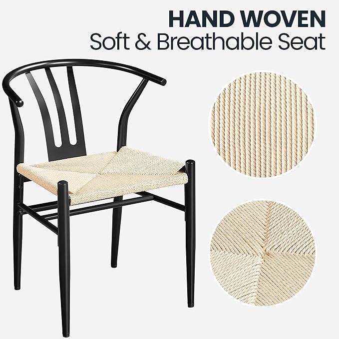 Yaheetech Weave Dining Chairs Set of 6 Mid-Century Modern Dining Room Chairs with Weave Hemp Seat and Metal Legs for Kitchen, Living Room, Restaurant, Black