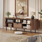 69" TV Stand with Power Outlet for TVs up to 75 Inch, Fluted Media Console | Mid-Century Modern Walnut Entertainment Center with Storage Drawer, Sliding Door and Adjustable Shelves for Living Room