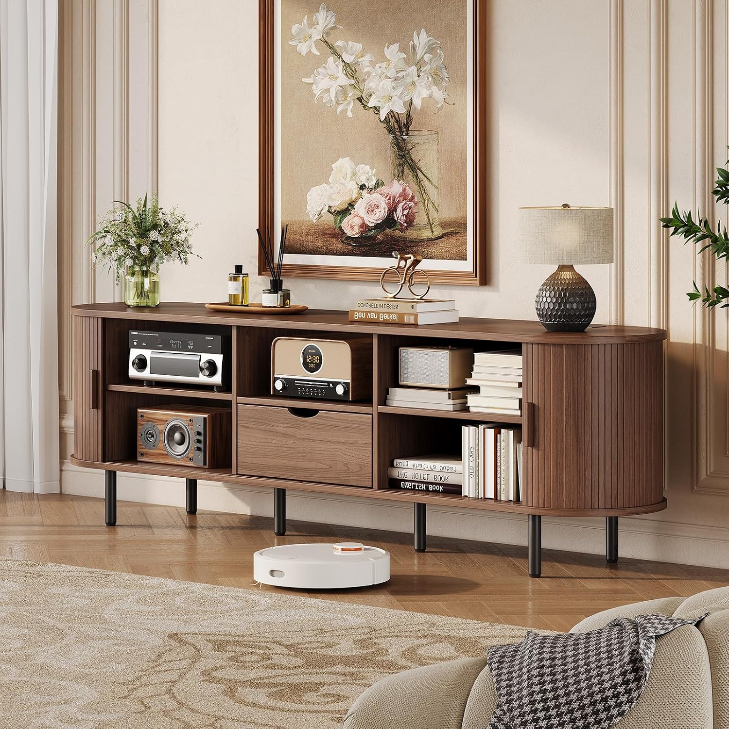 69" TV Stand with Power Outlet for TVs up to 75 Inch, Fluted Media Console | Mid-Century Modern Walnut Entertainment Center with Storage Drawer, Sliding Door and Adjustable Shelves for Living Room