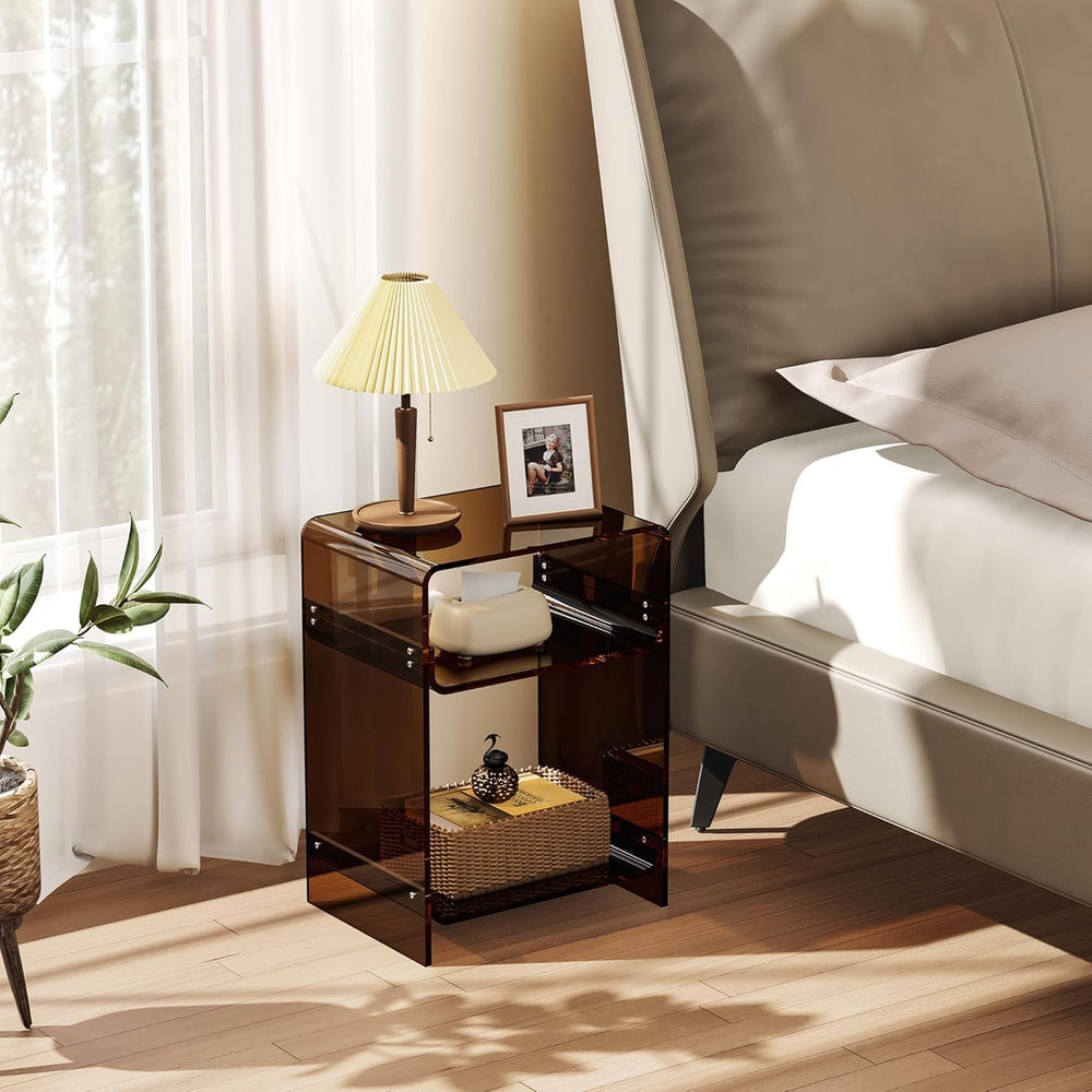 Acrylic Record Player Table with Storage Shelf, Clear Side Table Nightstand (...