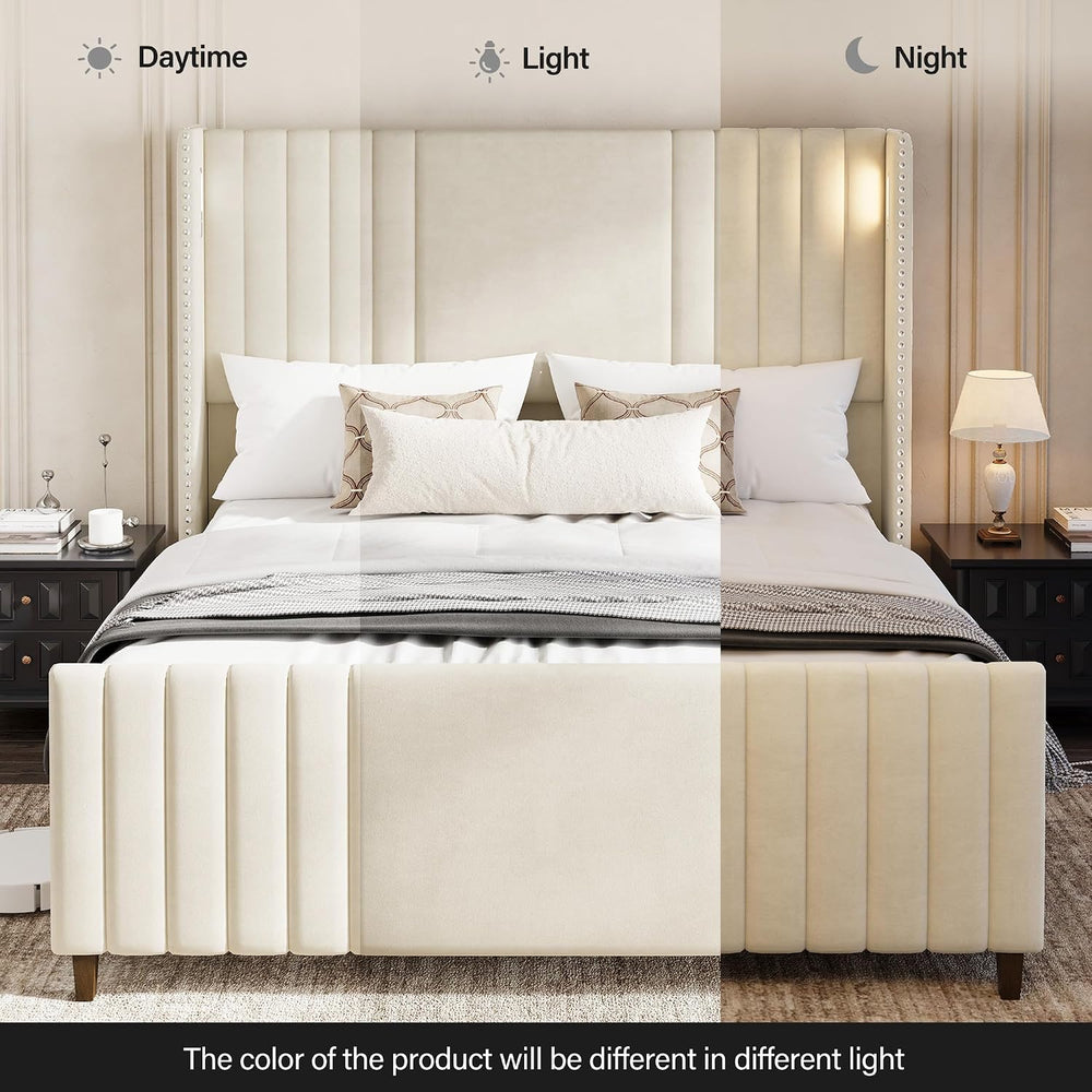 Belffin 59" Tall Queen Size Platform Bed Frame with 2 Touch Lights, Beige