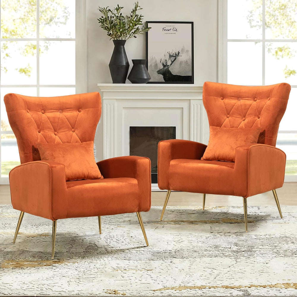 Mid-Century Accent Chairs Set of 2, Wingback Chair with Arm & Gold Legs, ...
