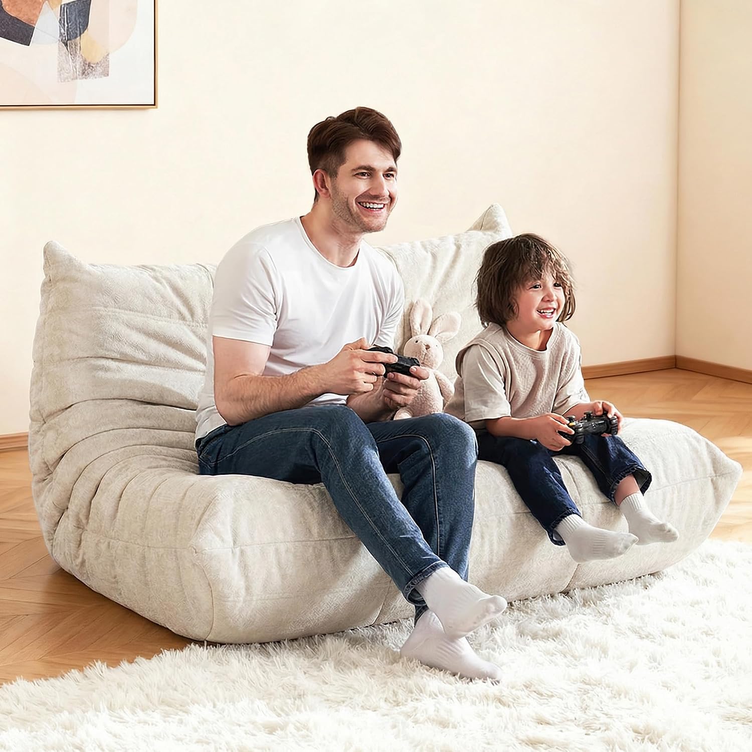 Kasunpul Bean Bag Chair, Giant Bean Bag Chairs for Adults, 2 Seater Lazy Bean Bag Sofa Memory Foam Couch, Loveseat Fireside Chair for Living Room, Bedroom, Office(Beige)