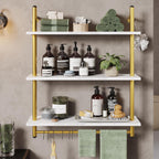 Bestier 31" Industrial Pipe Shelving, Floating Kitchen Wall Shelves 3 Tier Coffee Bar Shelves for Wall with 8 Hooks, Hanging Display Shelf Bookshelf for Living Room Bathroom, White Marble