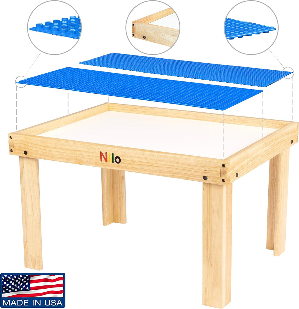 NILO Kids Activity Table Set with 2 Compatible with/Replacement for Detachable Double-Sided Baseplates/Boards/Mats Lego Duplo (N34 Play Table Without Holes, 24x32x20 and 2X Blue Base Plates 12x32)
