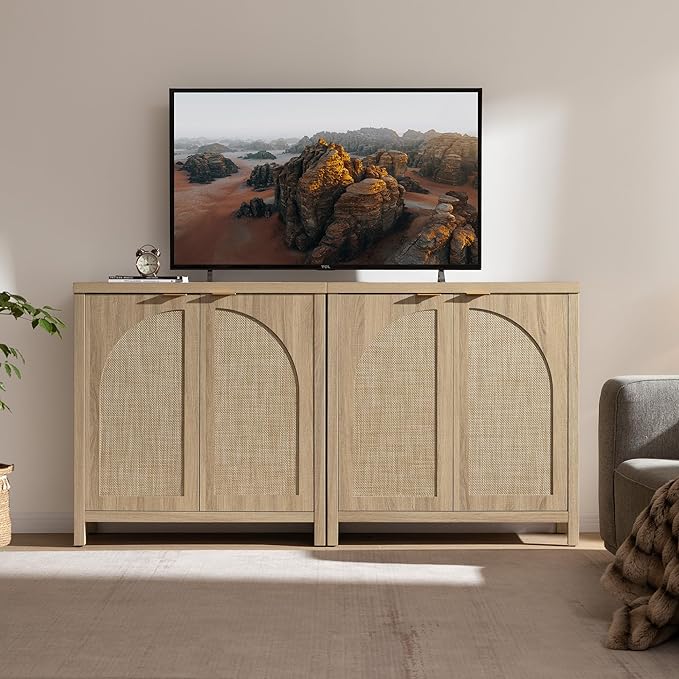 SICOTAS 102"W Rattan Sideboard Buffet Cabinet Set of 3, Mid Century Modern Credenza Storage Cabinet with Arch Doors & Shelves Boho Coffee Bar Media Console Cabinets for Kitchen, Living Room, Entryway