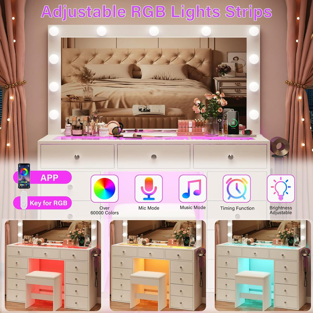 CollaredEagle 45" Large White Vanity Desk with Vibrant RGB Lighting. | 1...