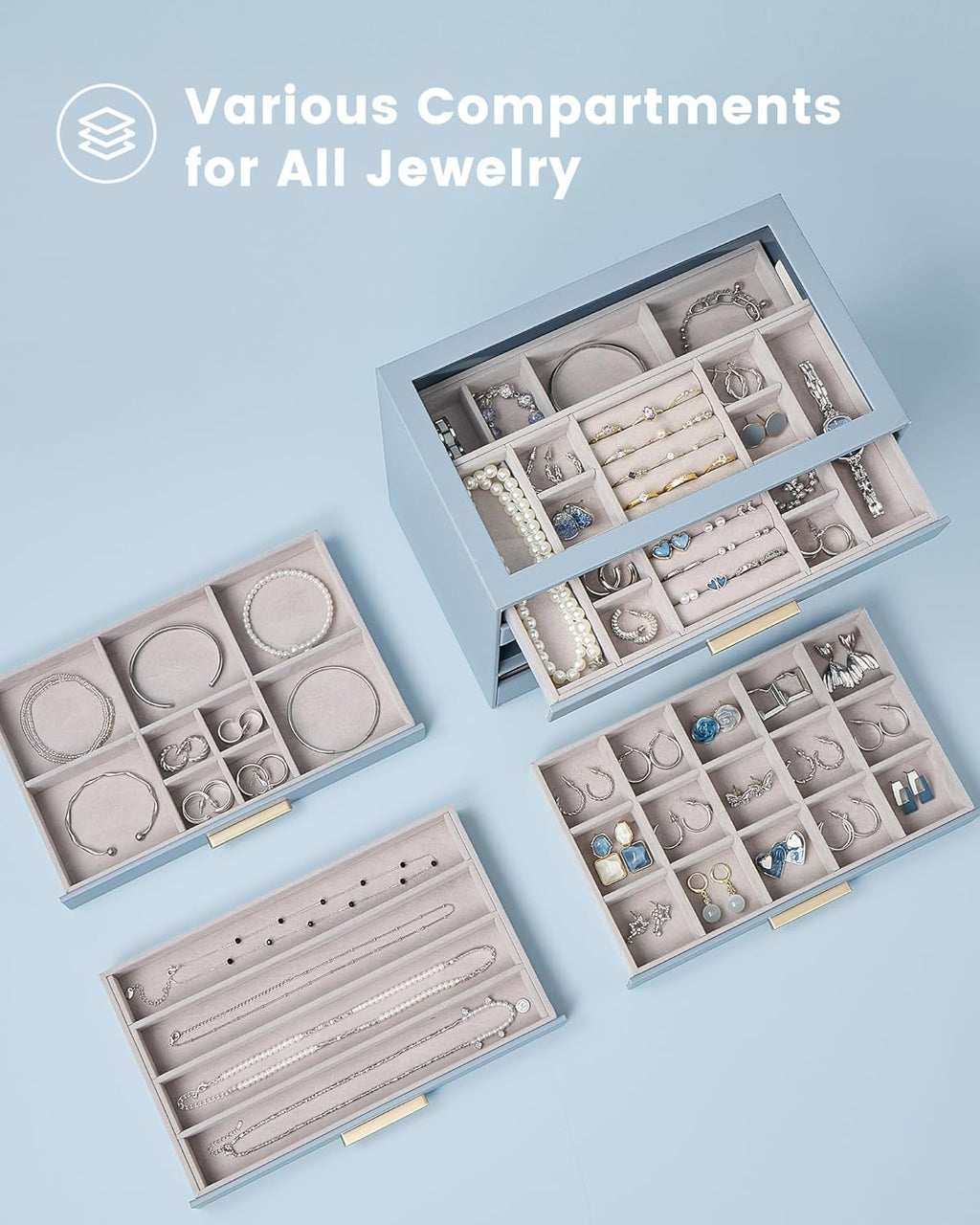 Lolalet Jewelry Box Organizer, 6-Layer Jewelry Organizers and Storage Case with Glass Lid, Ring Earring Bracelet Necklace Holder Organizer, Birthday Christmas Gifts for Women Girls -6Layer, HazeBlue