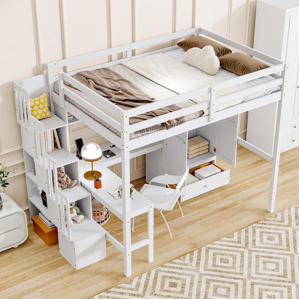 mikibama Full Size Solid Pinewood Loft Bed with Storage Stairs,Charging Station,Bookshelf,Safety Guardrails,Desk and Wardrobe & Drawer for Bedroom,No Box Spring Needed,Easy Assembly,White