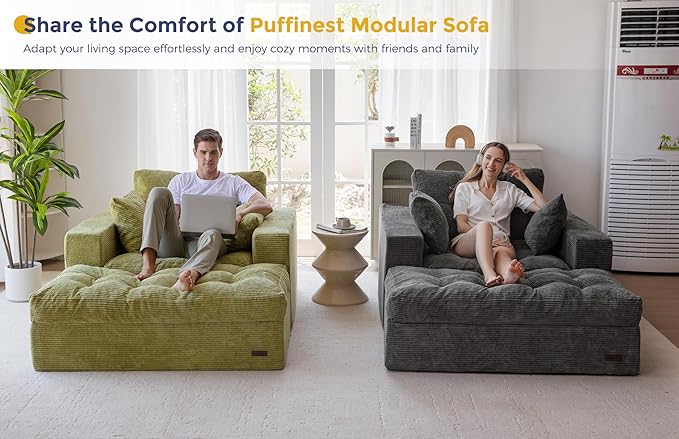 MAXYOYO Modular Sectional Chaise Lounge Sofa, Upholstered Lounge Chair with Ottoman, Comfy Couch with Layered Cushion, Tufted Upholstered Sleeper Chair for Living Room, No Assembly, Dark Grey