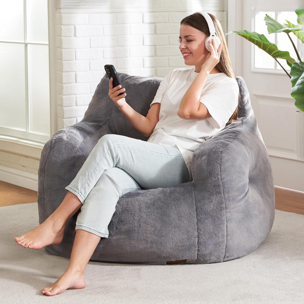 Hobestluk Furry Bean Bag Chair with Arms, Foam Filler for Adult, Grey | Soft ...