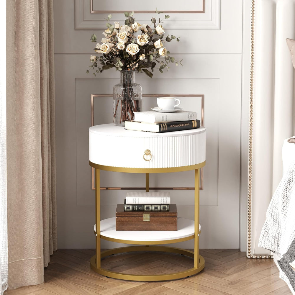 SUNBURY 19.7" Round Side Table with Drawer, Modern Faux Marble End Table...