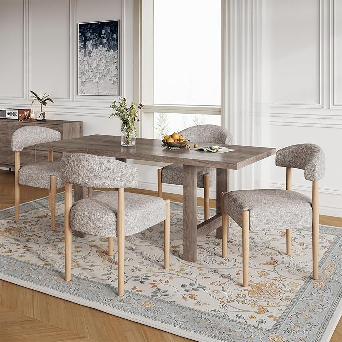 VKNOW Wooden Dining Chairs Set of 4, Modern Upholstered Dining Room Chairs with Rubberwood Legs and Curved Backrest, Fabric Kitchen Chairs for Farmhouse/Living Room/Dining Room, Brown