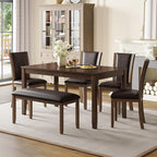 Ball & Cast 6 Piece Dining Table Set with 4 Upholstered Chairs & 1 Bench,Farmhouse Wooden Living Room Furniture for 6 W/ 58.5" Rectangle Kitchen Desk,for Restaurant,Home Bistro,Dining Room,Dark Walnut
