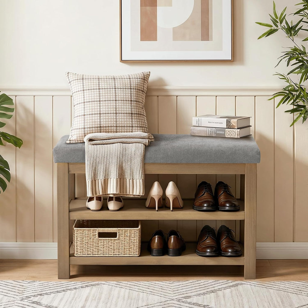 Zihanhome Shoe Rack Bench with Cushion, 2 Tier Solid Wood Storage Bench, Mid-Century Modern Shoe Bench for Entryway, Hallway, Closet, Front Door Entrance, Foyer (Grey, 31.5")