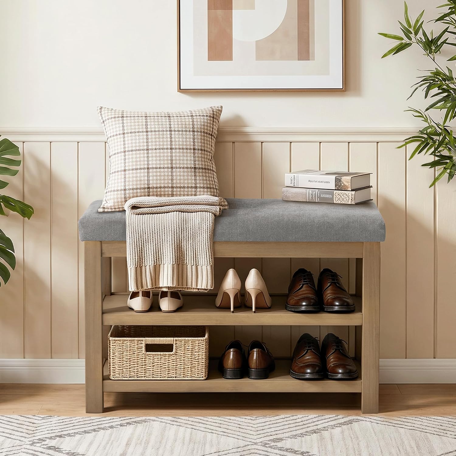 Zihanhome Shoe Rack Bench with Cushion, 2 Tier Solid Wood Storage Bench, Mid-Century Modern Shoe Bench for Entryway, Hallway, Closet, Front Door Entrance, Foyer (Grey, 31.5")