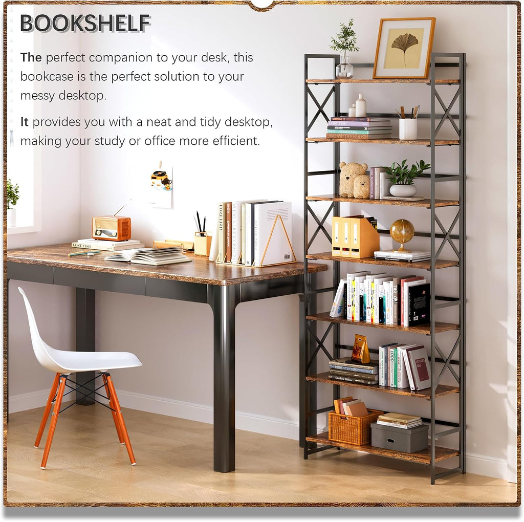 4NM 7 Tiers No Assembly Book Shelves, 72.4" H Folding Bookshelf Bookcase Open Industrial Foldable Shelves for Bedroom, Living Room, Home Office - Rustic Brown Black