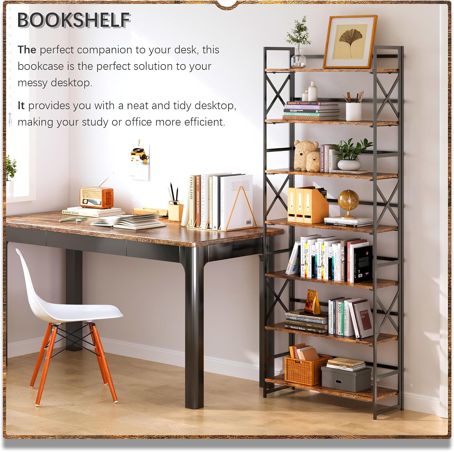 4NM 7 Tiers No Assembly Book Shelves, 72.4" H Folding Bookshelf Bookcase Open Industrial Foldable Shelves for Bedroom, Living Room, Home Office - Rustic Brown Black