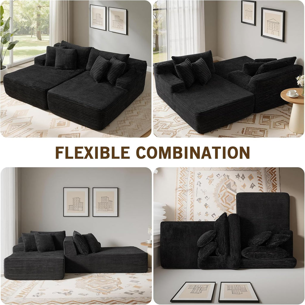 83” Oversized Double Chaise Lounge Chair Boneless Cloud Sofa Bed,Black | Double Lounge Chaise, Boneless Loveseat Sofa, Corduroy Chaise Lounge, Deep Seat Sleeper Couch for Living Room, No Assembly