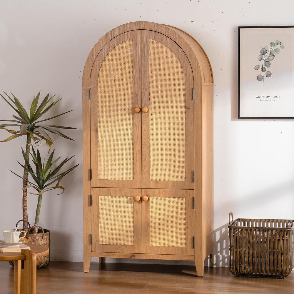 Kitchen Pantry Cabinet, Wooden Sideboard with Rattan Doors, Snacks Wine Accen...