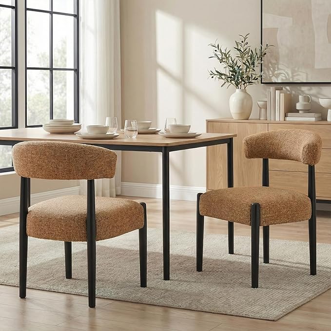 VKNOW Wooden Dining Chairs Set of 6, Modern Upholstered Dining Room Chairs with Black Rubberwood Legs and Curved Backrest, Fabric Kitchen Chairs for Dining Room, Orange(Black Legs)
