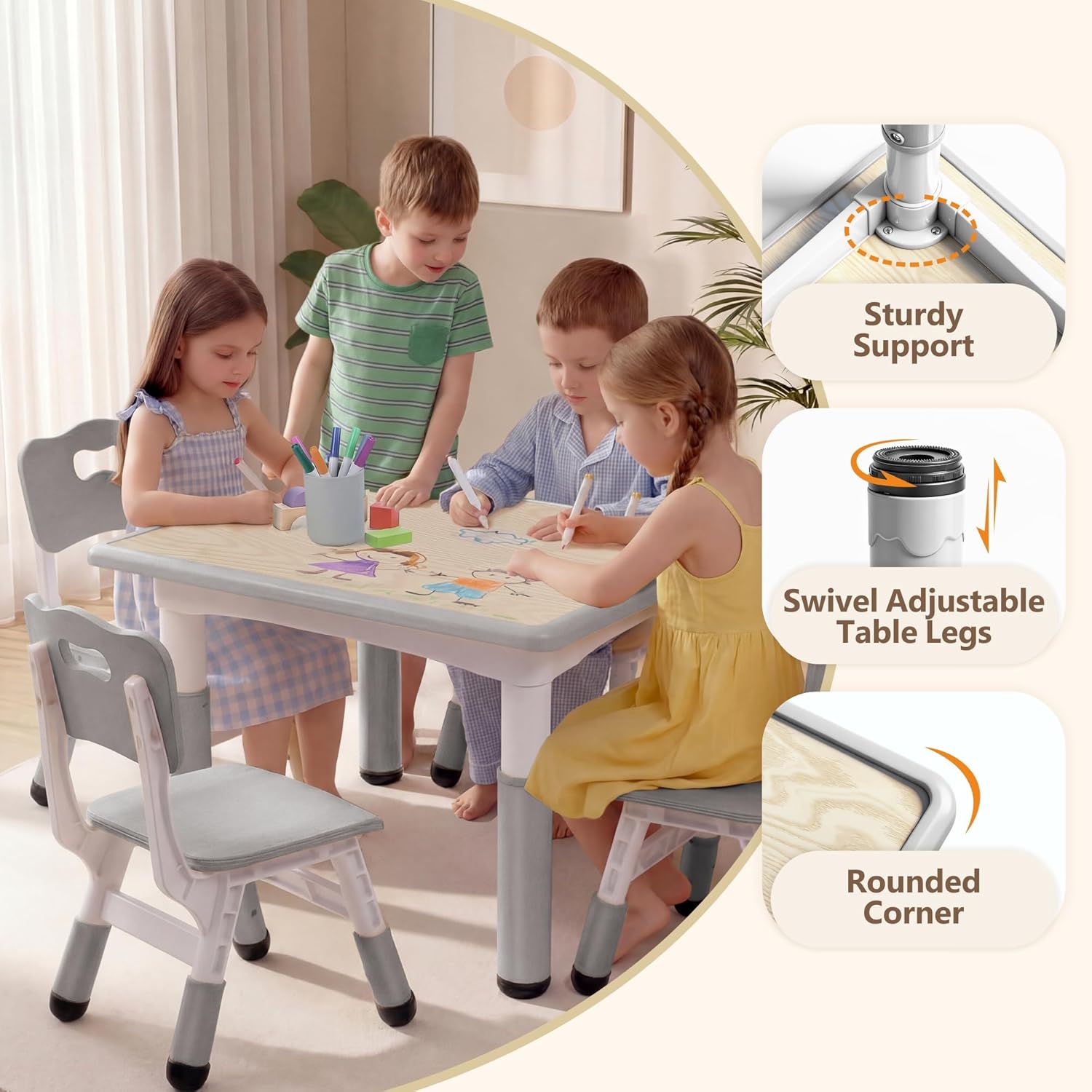 Kinder King Kids Table & 4 Chairs Set, Height Adjustable Children Activity Table w/Graffiti Tabletop, Toddler Furniture Set for Classroom, Daycare, Home, Age 3+, Grey