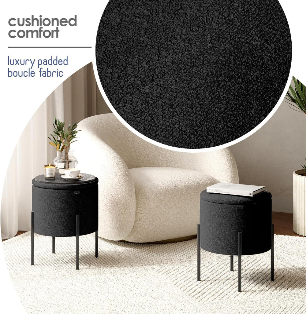 Round Ottoman with Storage, Boucle Storage Foot Stool, Makeup Vanity Stool, S...