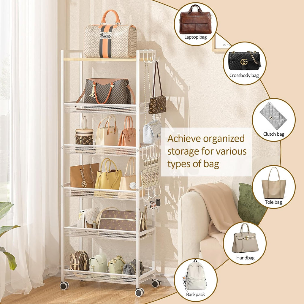 6 Tier Tall Purse Organizer for Closet, Large Capacity Bag Organizer with 12 Hooks, Rolling Purse Rack Stand with Lockable Wheels & Wooden Top, Heavy Duty Handbag Storage Shelf for Bedroom Entryway