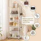 6 Tier Tall Purse Organizer for Closet, Large Capacity Bag Organizer with 12 Hooks, Rolling Purse Rack Stand with Lockable Wheels & Wooden Top, Heavy Duty Handbag Storage Shelf for Bedroom Entryway