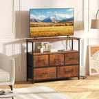 DUMOS TV Stand, Dresser with 5 Fabric Storage Drawers, Media Console Featuring Open Shelf, Fabric Storage Cabinet with Charging Station, Compact Entertainment Unit for Bedroom, Living Room, Brown