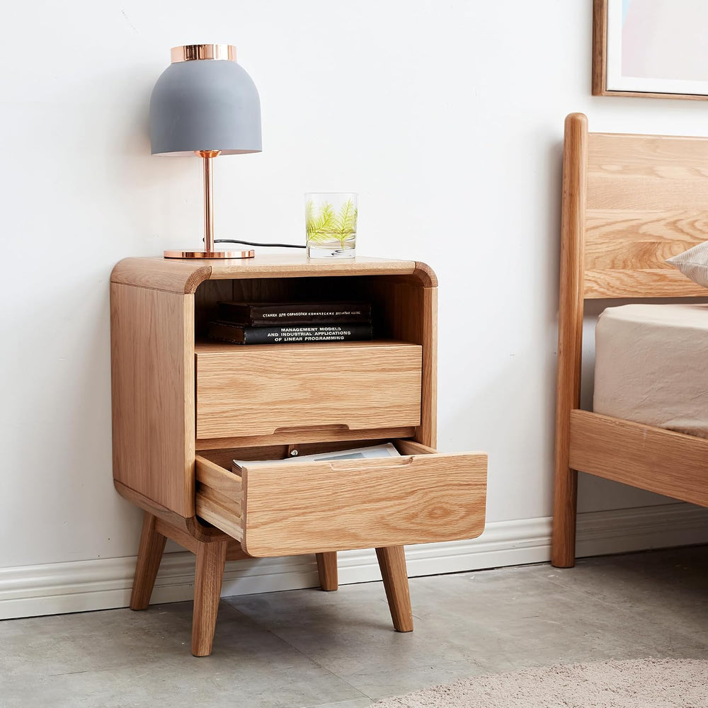 Nightstand, Solid Wood European Beech Bedside Cabinet with Open Shelf & C...