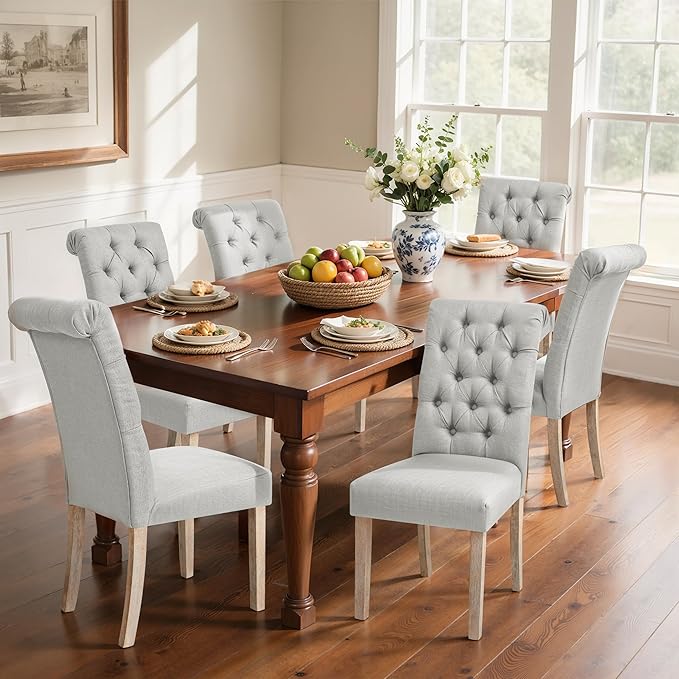 CHUN YI Dining Chairs Set of 6, Button Tufted Upholstered Fabric Dining Room Chairs with Solid Wood Legs and Curved Back, Parsons Side Chairs for Kitchen, Light Grey