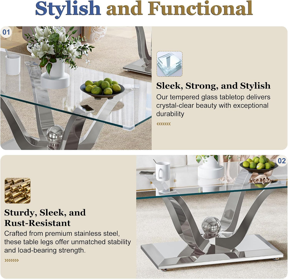 Rectangular Glass Coffee Table Set of 3- Modern Center and 2 End Tables, Clea...