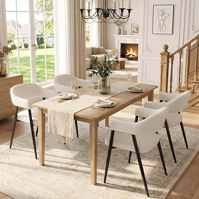 HNY Modern Dining Room Arm Chairs Set of 4, Faux Sherpa Boucle Upholstered Ba...