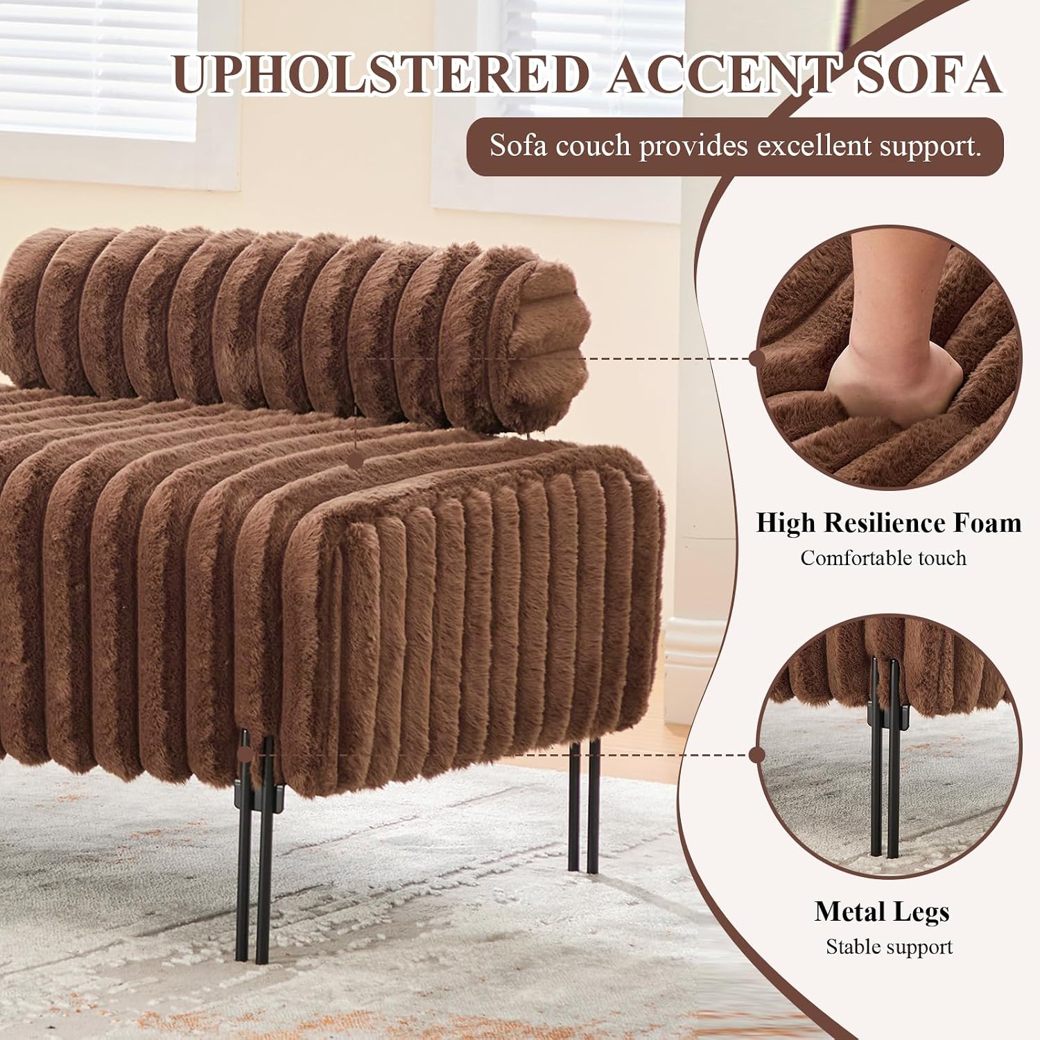 Ottoman Bench, Loveseat Sofa Couch with Adjustable Backrest | 49.6" Accent Sofa, Faux Fur Upholstered, Metal Legs, 300LBS Weight Capacity, End of Bed Bench for Bedroom, Brown-Faux Fur