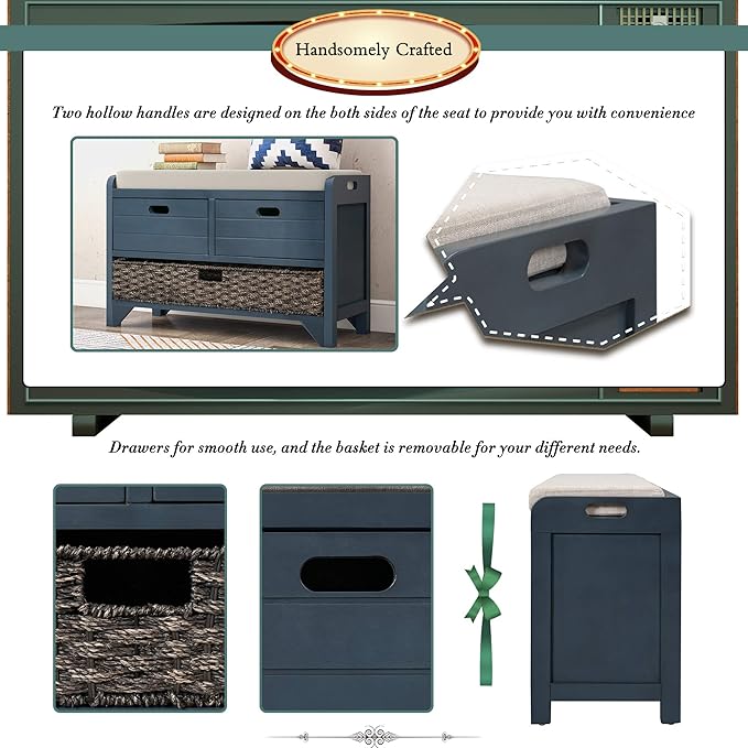Merax Classic Wood Shoe Storage Bench with 2 Drawers, Large Rattan Basket and Seat Cushion for Entryway Hallway Front Door Navy