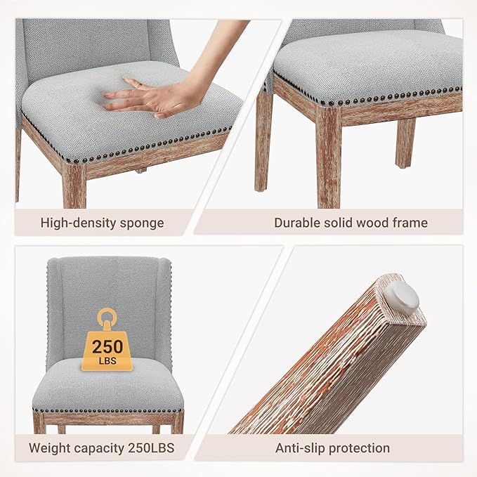 Dining Chair Set of 6, Fabric Upholstered Kitchen Side Chairs with Wooden Legs for Kitchen & Restaurant Use, LightGrey