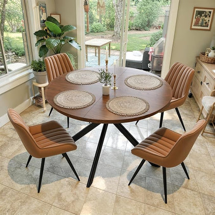47.2" 5-Piece Round Dining Table Set for 4, Modern Wood Dining Table with 4 Upholstered Chairs, Kitchen & Dining Room Table Set with Metal Base for Apartment, Small Space, Walnut Table+4 Brown Chairs