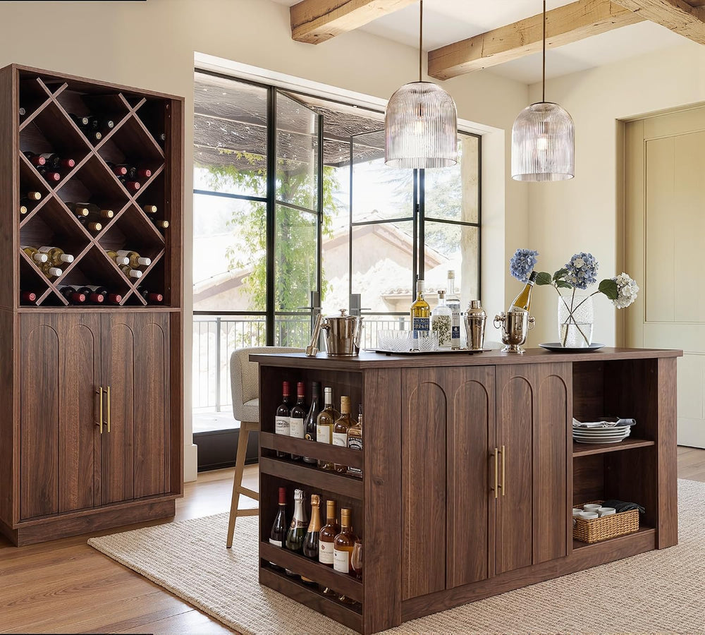 FORTUNETEC 62.9" Large Kitchen Island with Storage, Arched Doors, Walnut...