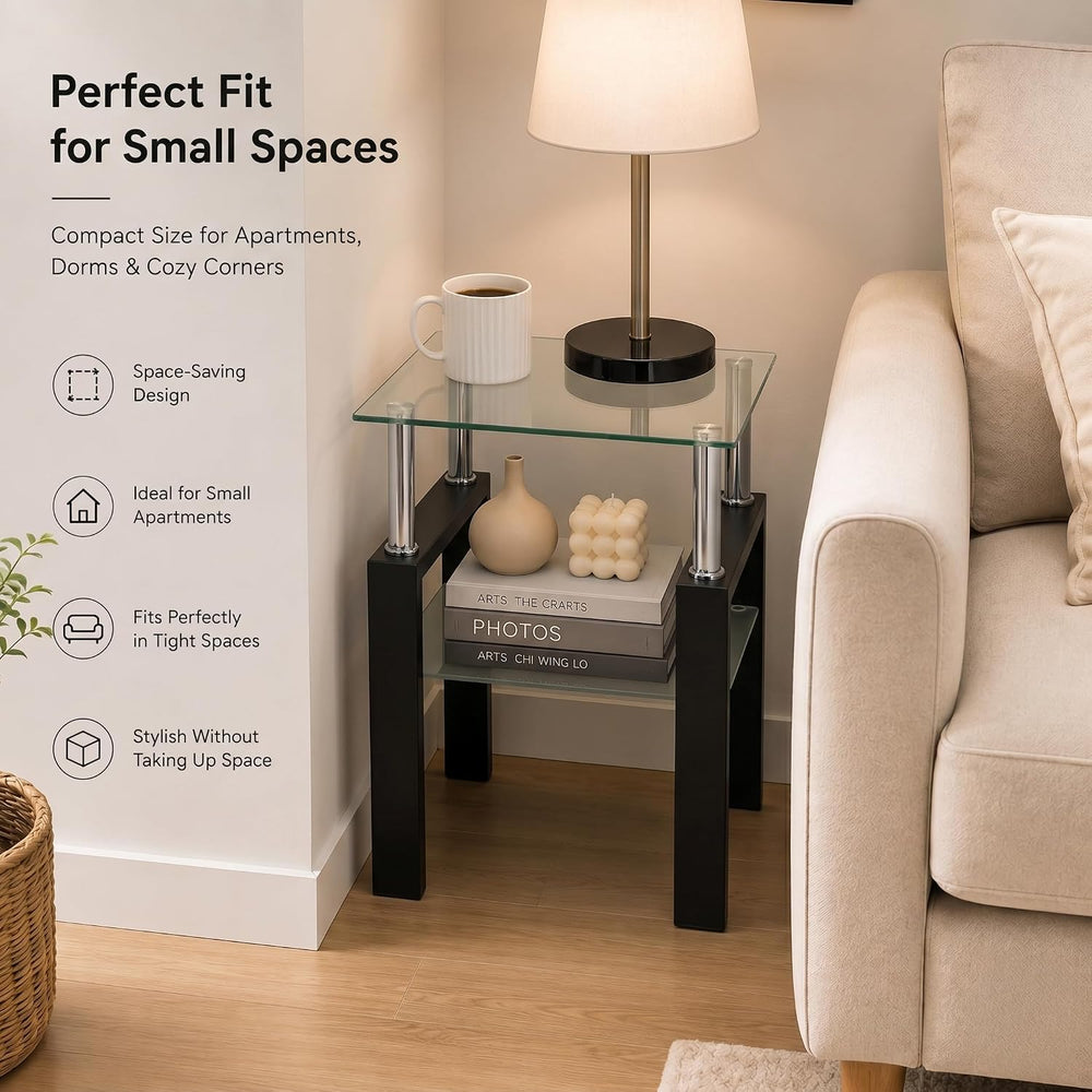 Meihua Glass End Table, Square Glass Side Table, 2-Tier Modern Nightstand wit...