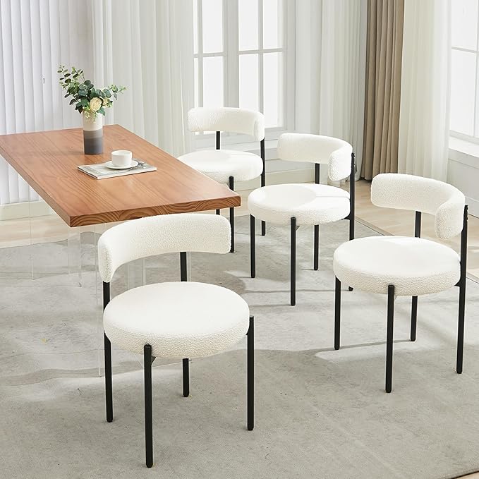 Boucle Dining Chairs Set of 4, Mid Century Modern Dining Room Chairs with Barrel Backrest, Upholstered White Kitchen Chairs for Dining Room, Restaurant
