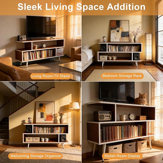Lightdot TV Stand for TVs up to 45'', Modern Entertainment Center with 3 Storage Open Large Capacity for Collection, Media Console Table for Living Room/Entrance/Sofa Cabinet,Easy Assembly-Red Walnut