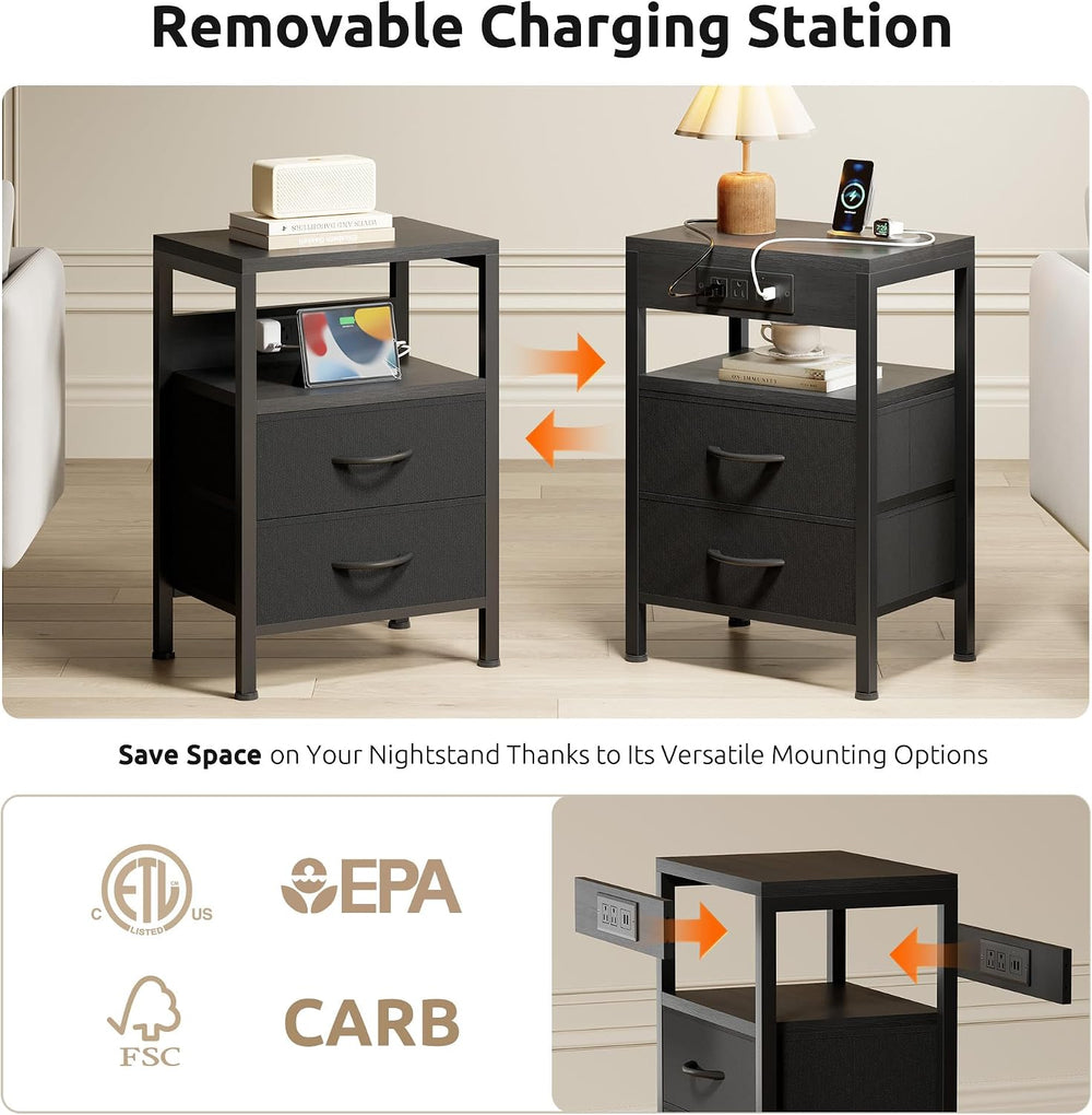 Lazzanto Night Stand with Charger Station for Bedroom, Black Nightstand | Bed...