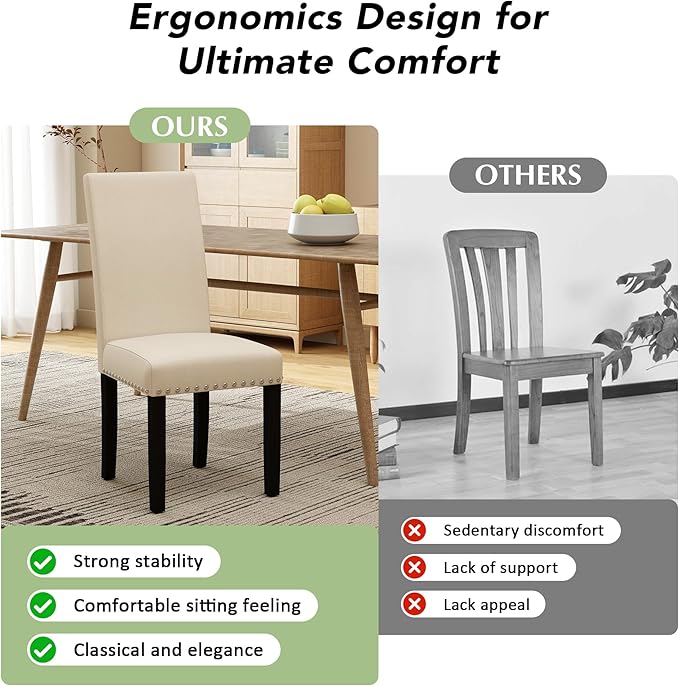 LSSPAID Dining Chairs Set of 4, Fabric Upholstered Dining Room Parson Chair with Nailhead Trim and Solid Wood Legs for Home and Kitchen, Beige