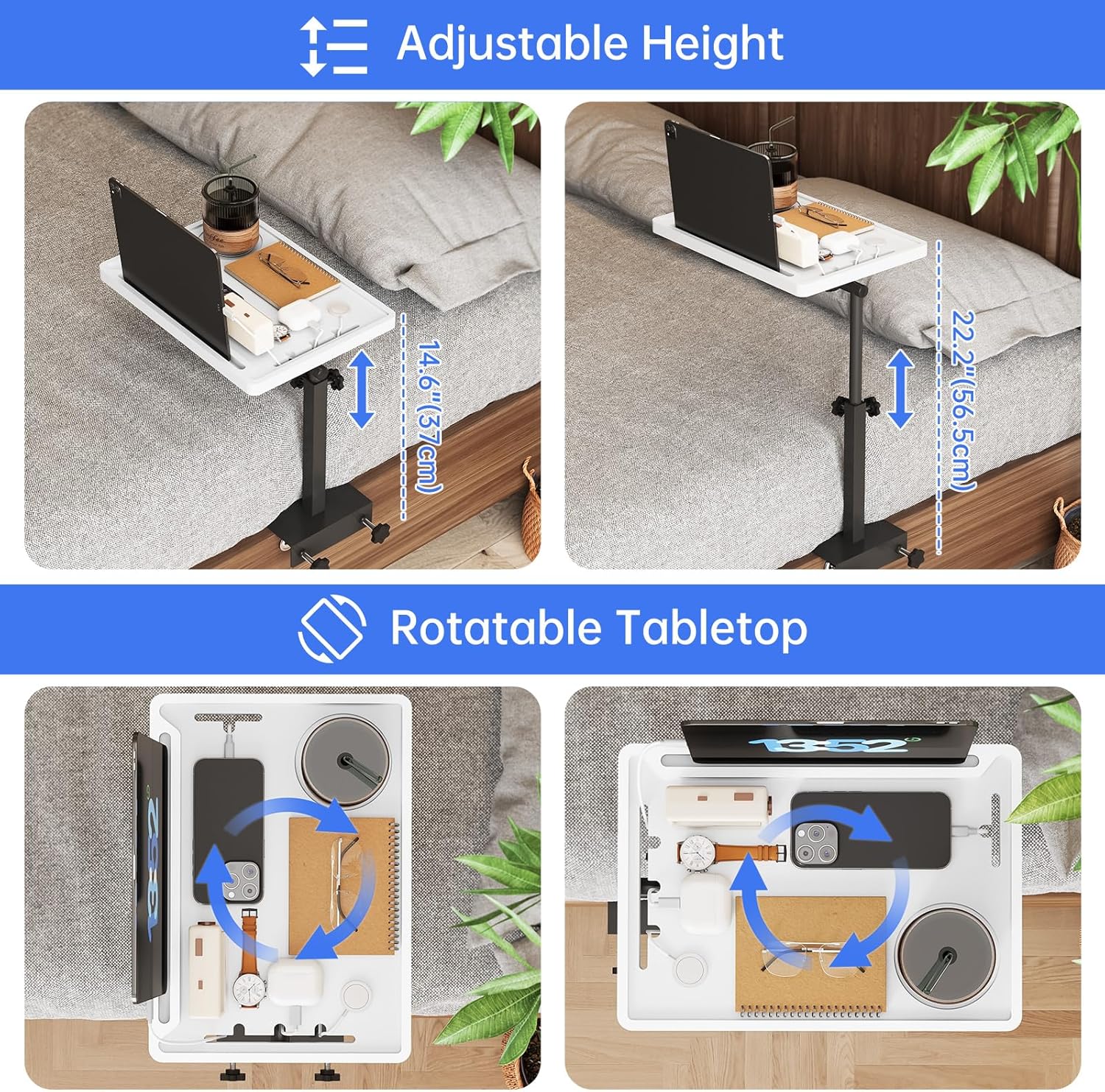 NiHome Height-Adjustable Bedside Shelf with Rotating Foldable Tray, Clip On Bed Side Tray Table, Overbed Table Fits Bed Frames 0.7"-2.7" Wide for Dorms, Apartments, Bedrooms, Dorm Essentials, White